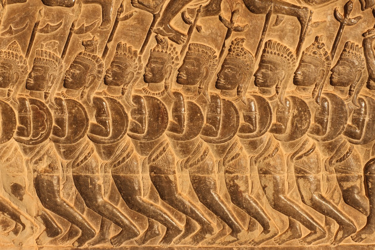 Angkor Wat. Detail of Relief Sculpture from the Battle of Kurukshetra, Siem Reap, Cambodia by Unbekannt