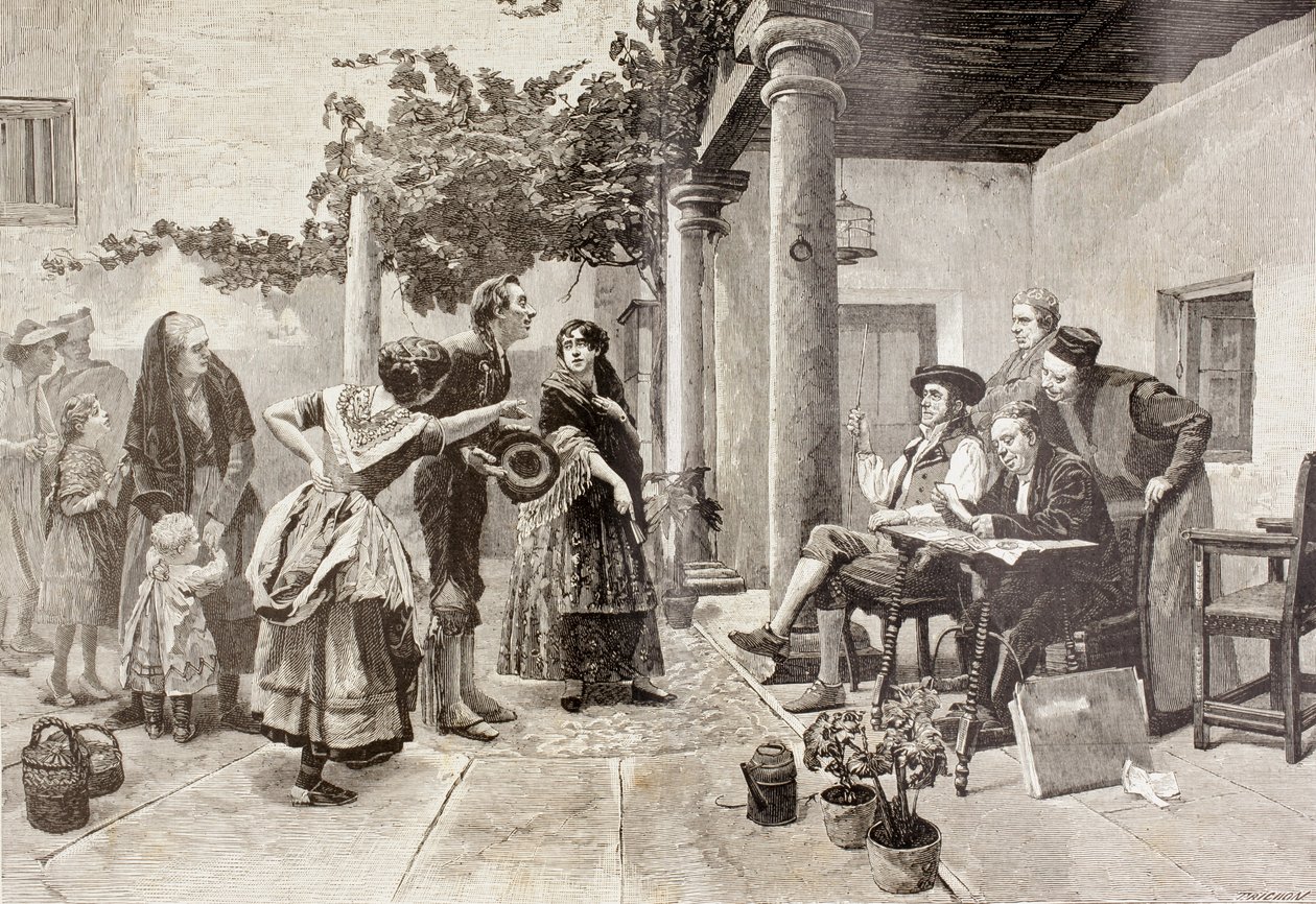 Before the Mayor, after a painting by Spanish artist Julio Worms, from 