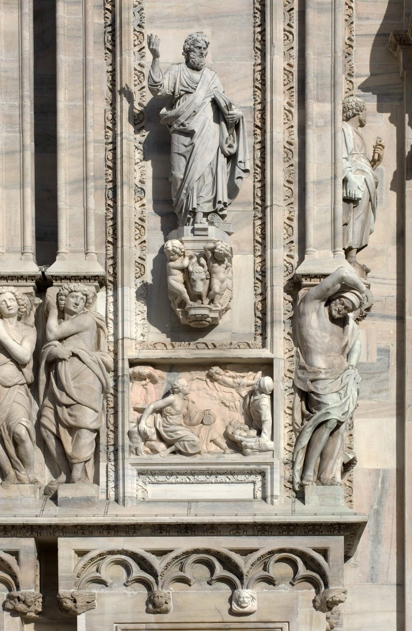 Architecture: statue of Saint Luke (1811), and low relief representing the appearance of the angel to Samson