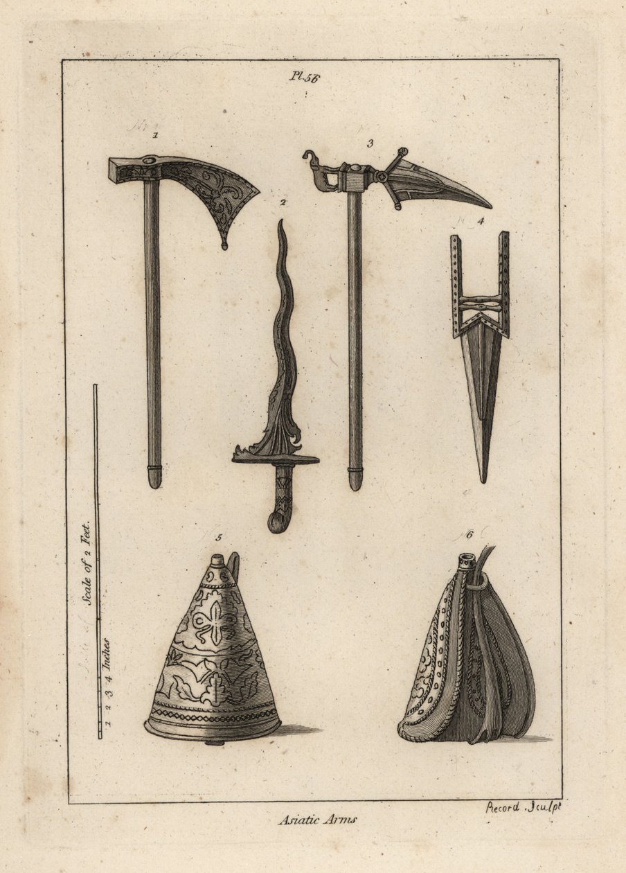 Asiatic Arms: Battle Axe 1, Dagger 2, Rohilla Battle Axe 3, Indian Cresse or Kris 3, and Eastern Powder Flask 5,6 by Unbekannt