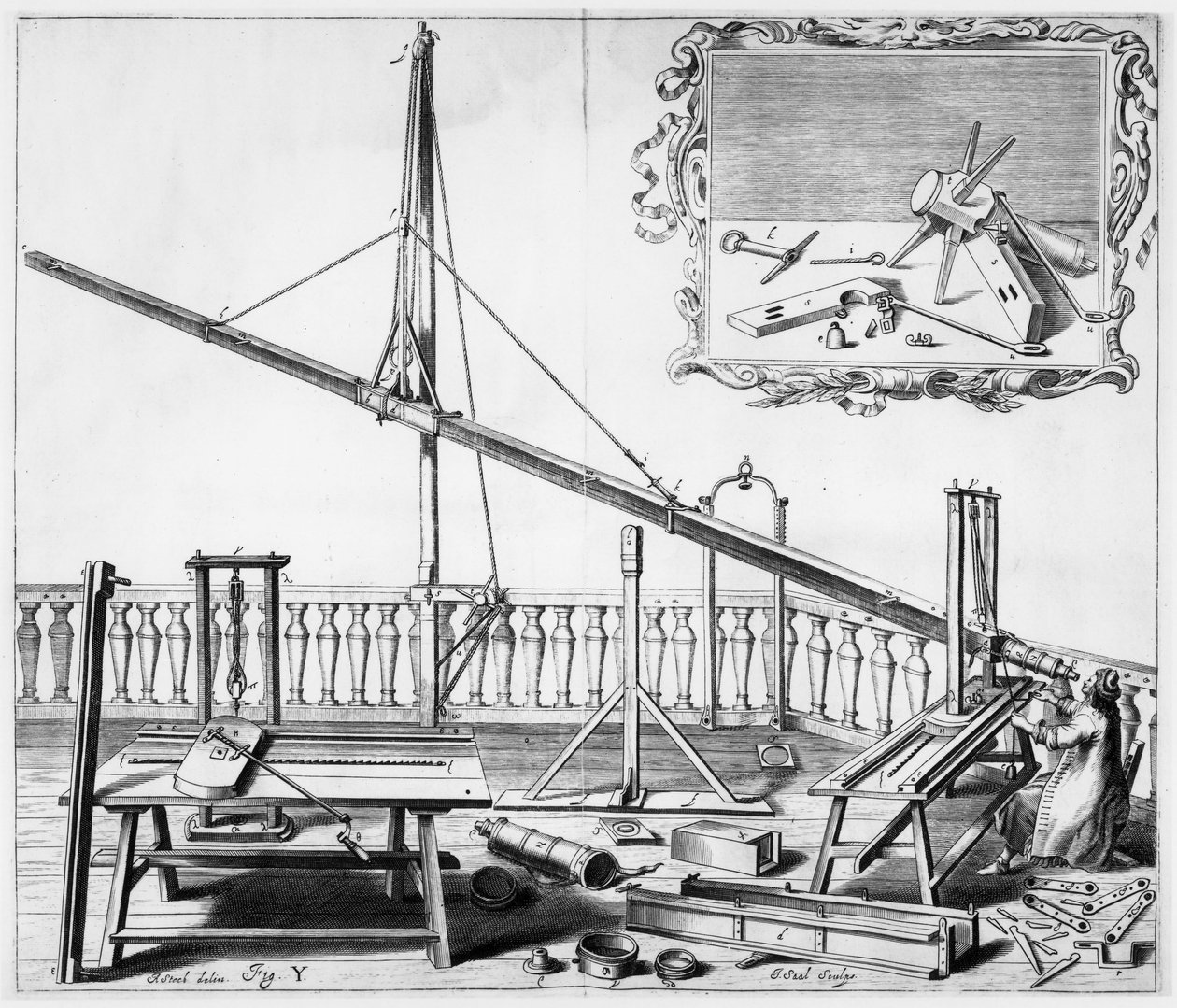 Astronomer using a wooden telescope by Unbekannt