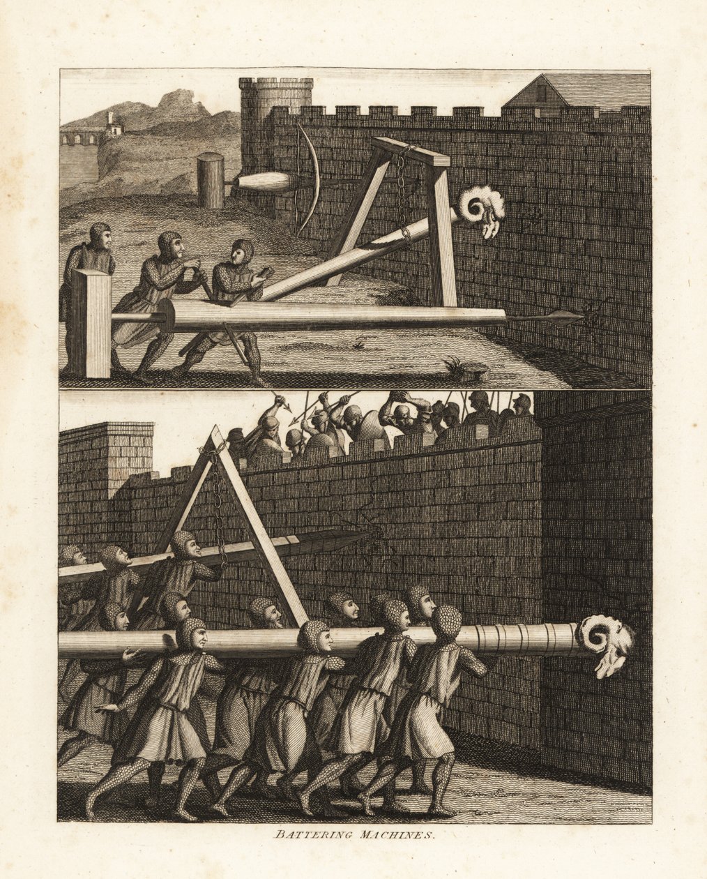 Battering ram and two types of borers to pierce walls at top, and two rams below, one supported by a triangle and the other borne on soldiers