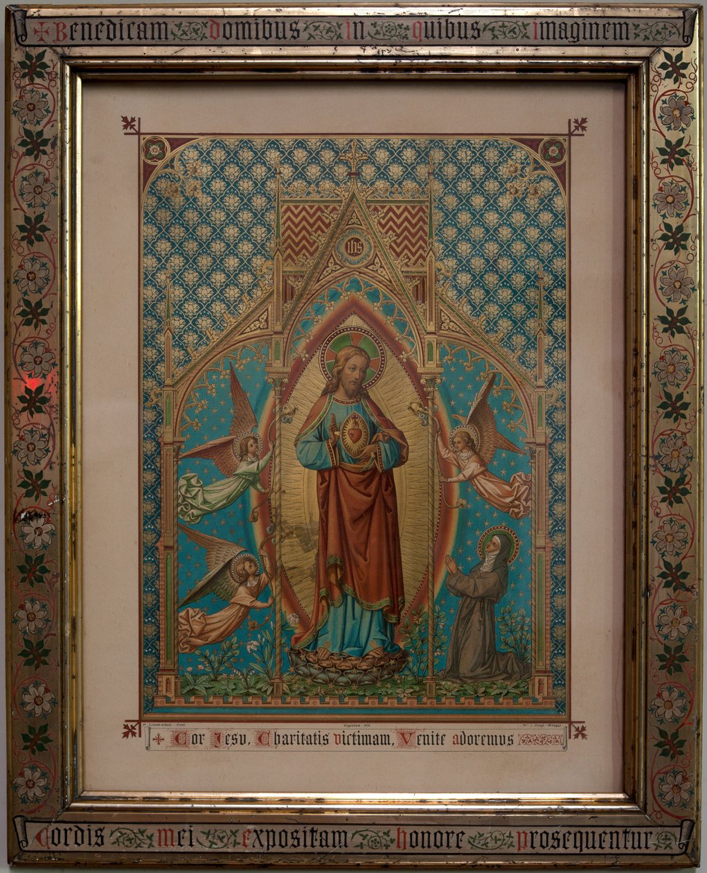 Bevere. Parish church (Sint-Pietersbanden). Interior. Devotion coloured print. S Lucas school Gent, Eigendom 1875, W Z Dreyt Brugge. Neo-Gothic. by Unbekannt