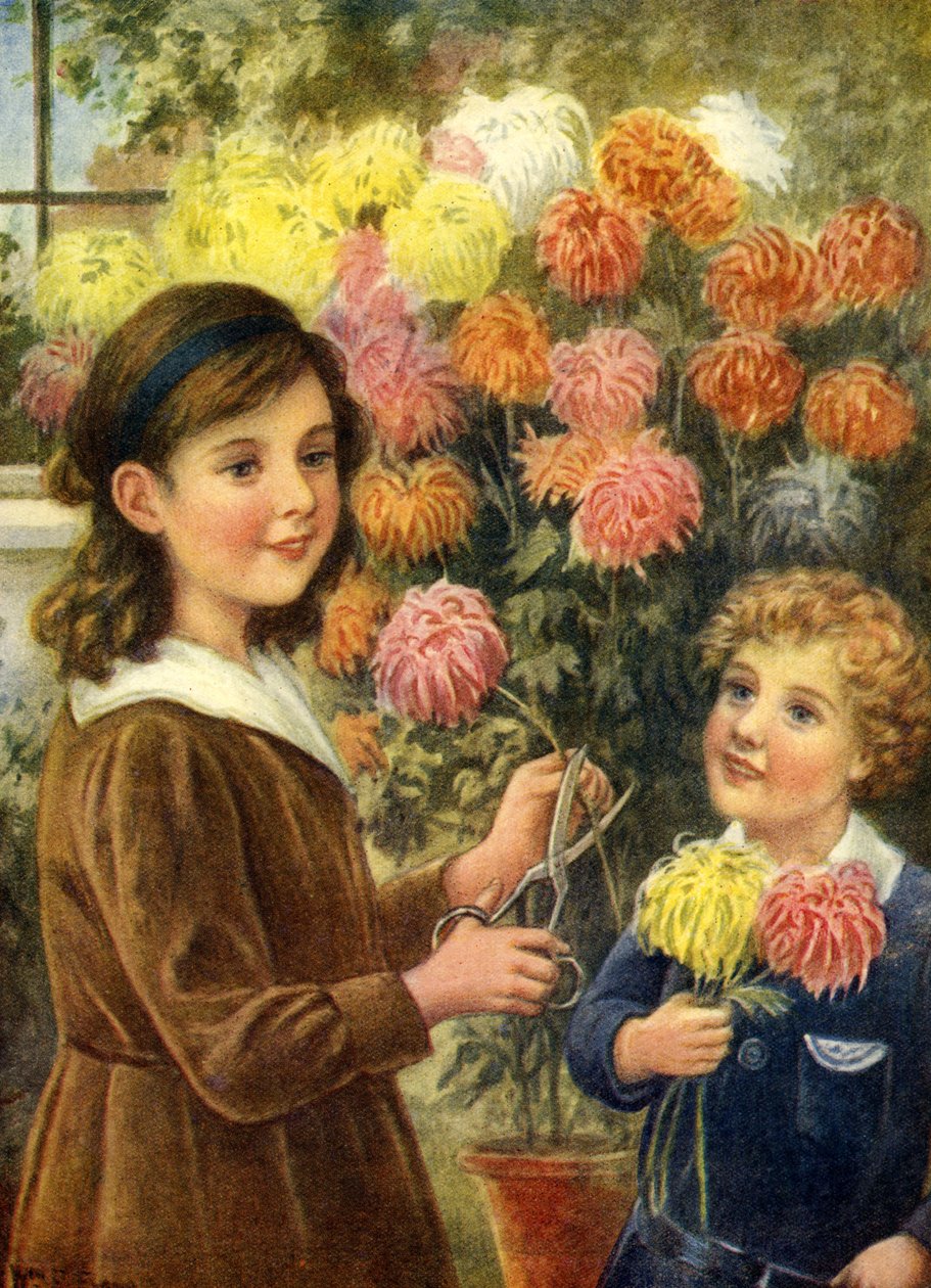 Boy and Girl cutting flowers in garden outside their home by Unbekannter Künstler