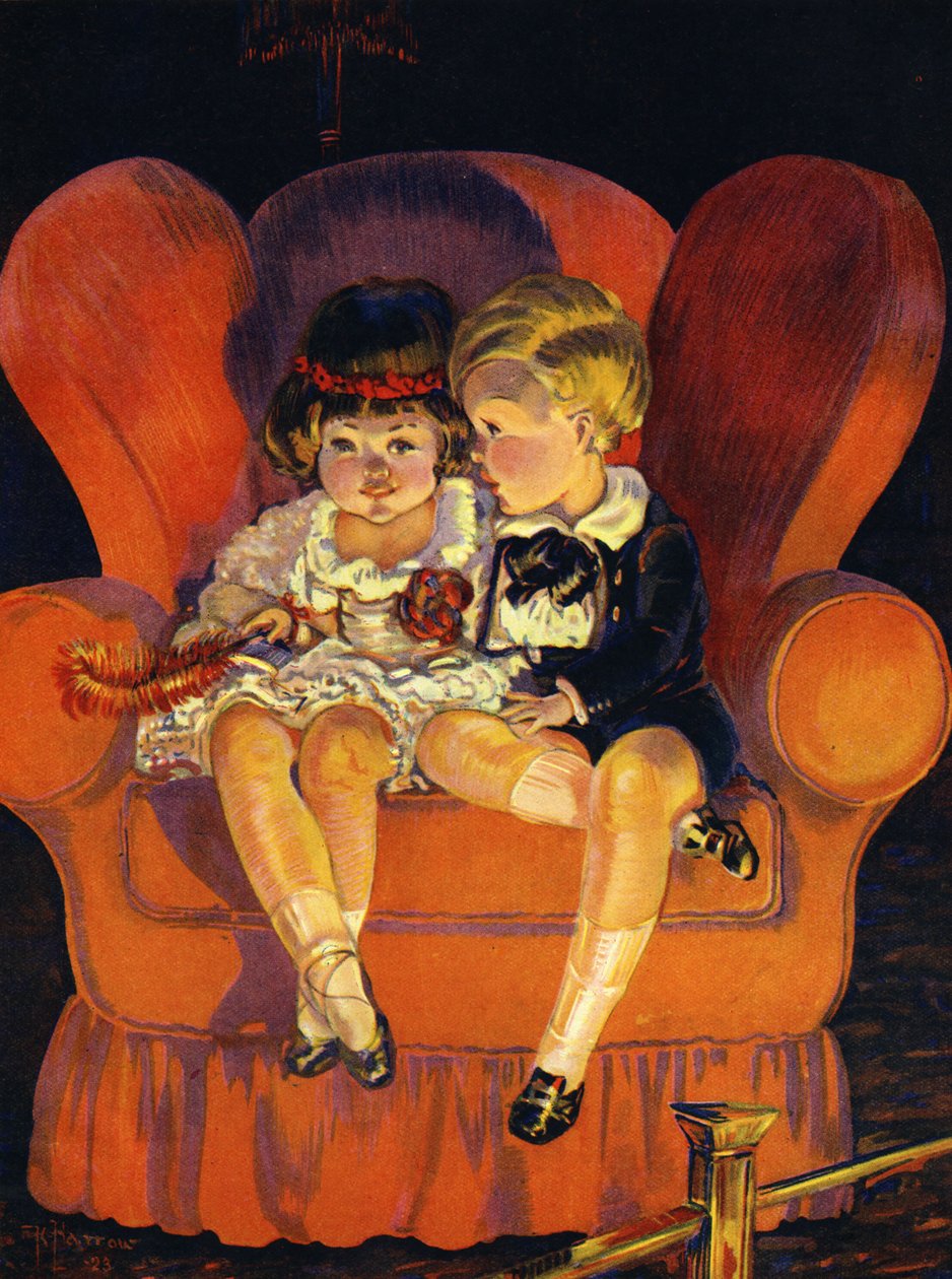 Boy and Girl sitting in armchair by Unbekannter Künstler
