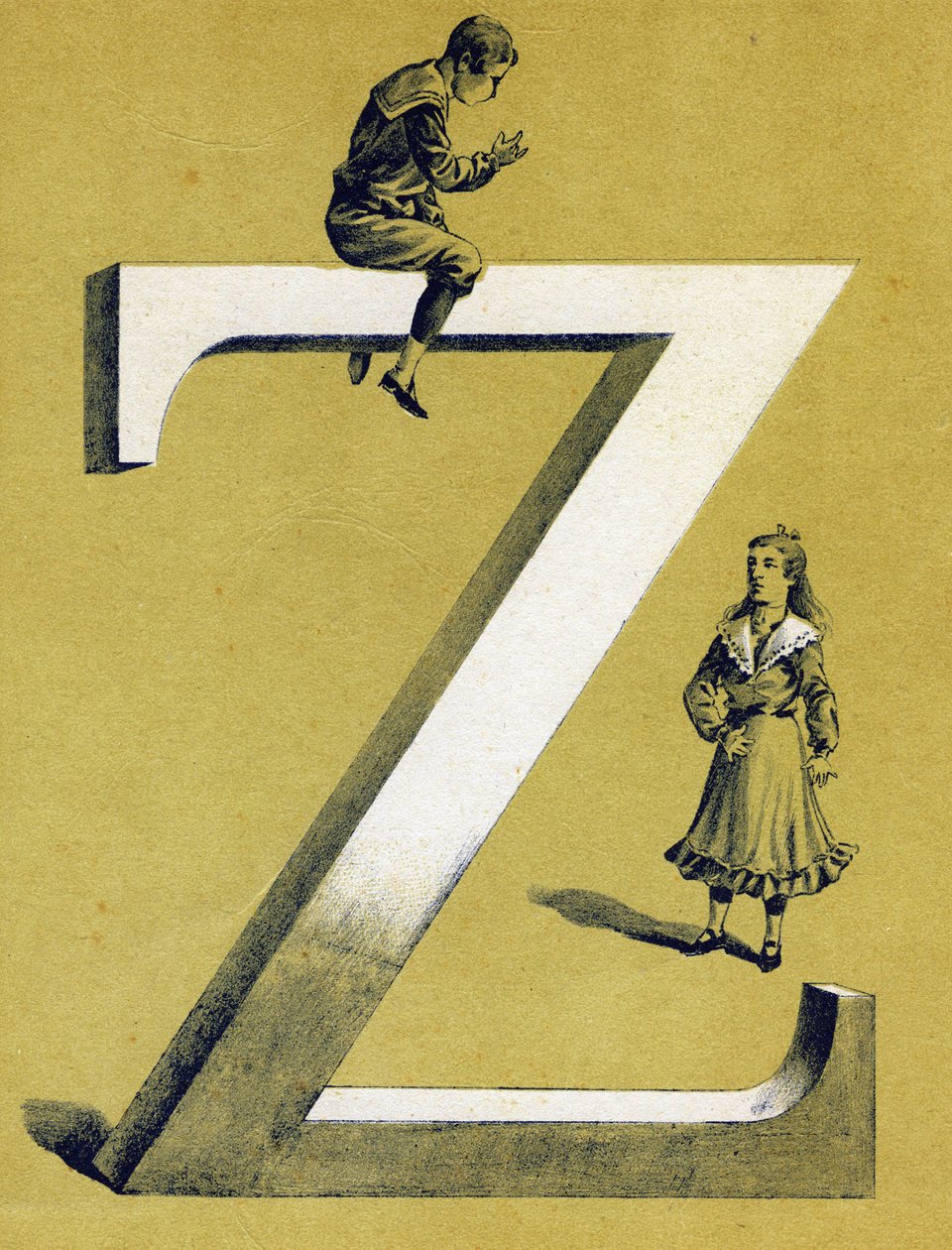 Boy sitting on the letter Z and little girl standing under him. Illustrated alphabet. Imageries reunited in Jarville-Nancy, early 20th century by Unbekannt