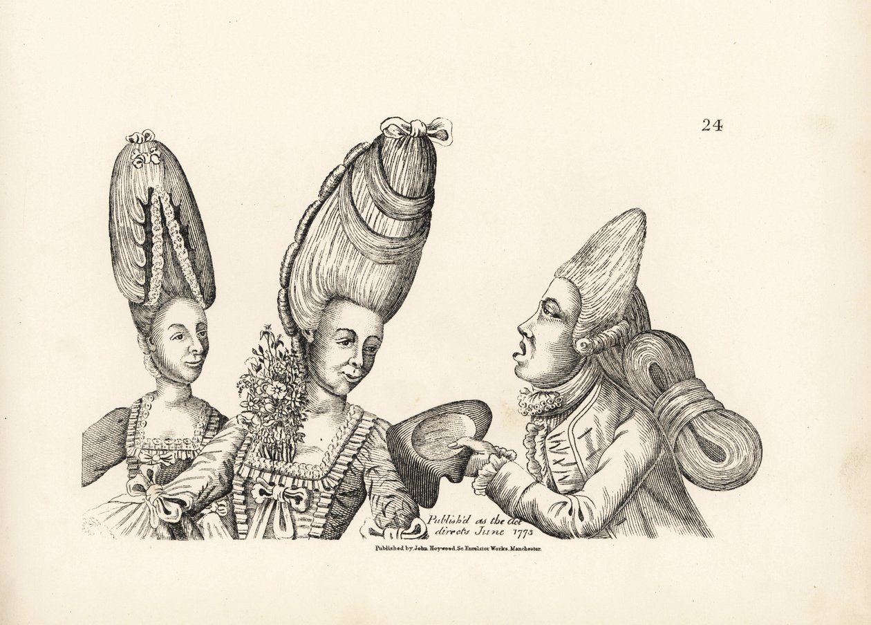Caricature of fashions of the late 18th century: women in tall wigs with garden of flowers in her bosom, and macaroni in a tall wig with extravagant mass of hair tied at the back. Copperplate engraving after a satirical illustration by Timothy Bobbin (John by Unbekannter Künstler