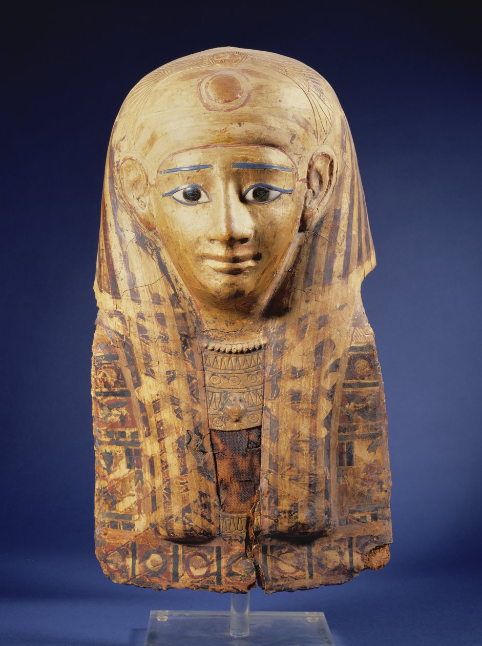 Cartonnage mummy head-dress with lappet wig, the eyes inlaid with obsidian and alabaster, Egyptian, Late Period (644-332 BC) by Unbekannt