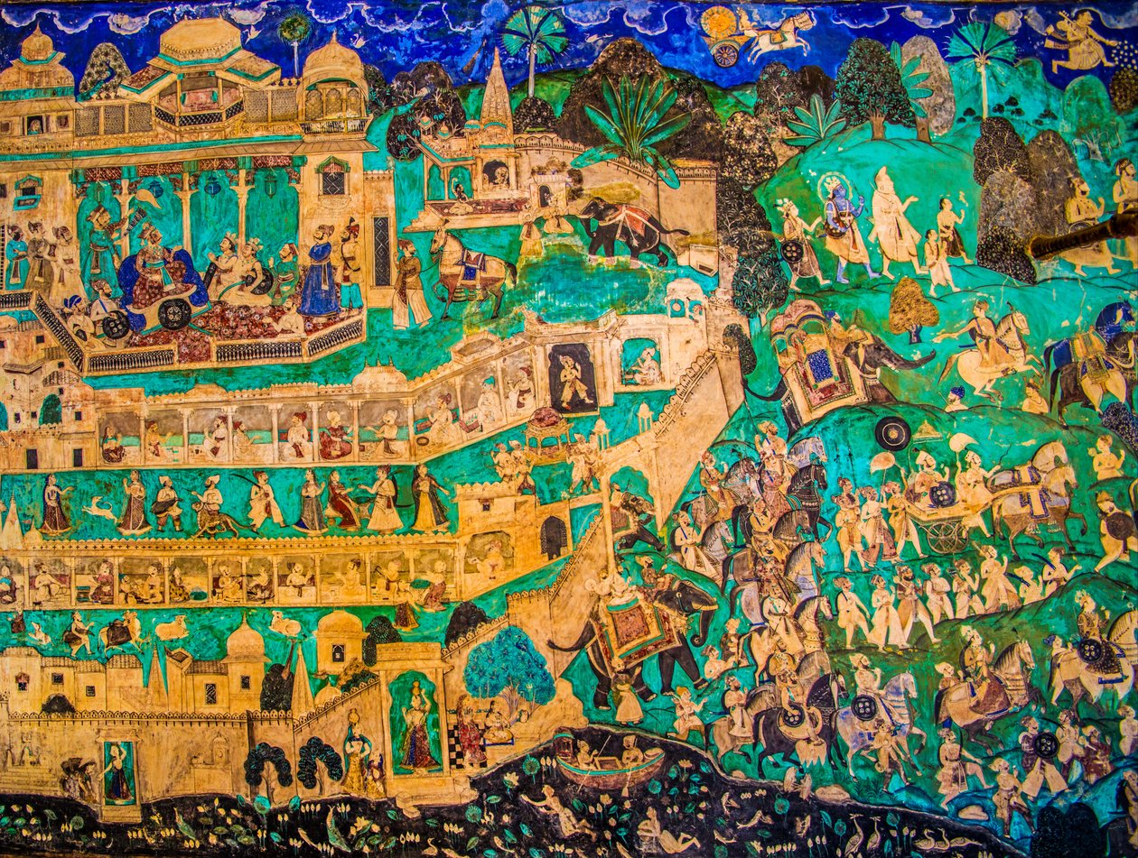 Chittra Shala courtyard with virtuoso fine paintings, Taragarh Fort, Bundi, Bundi, Rajasthan, India, Asia by Unbekannter Künstler