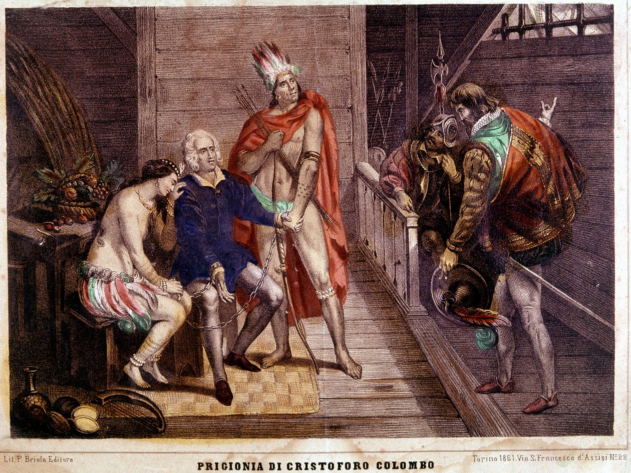 Christopher Columbus (Colombo) in chains in 1500 on his return to Spain - Italian engraving of 1861 by Unbekannter Künstler