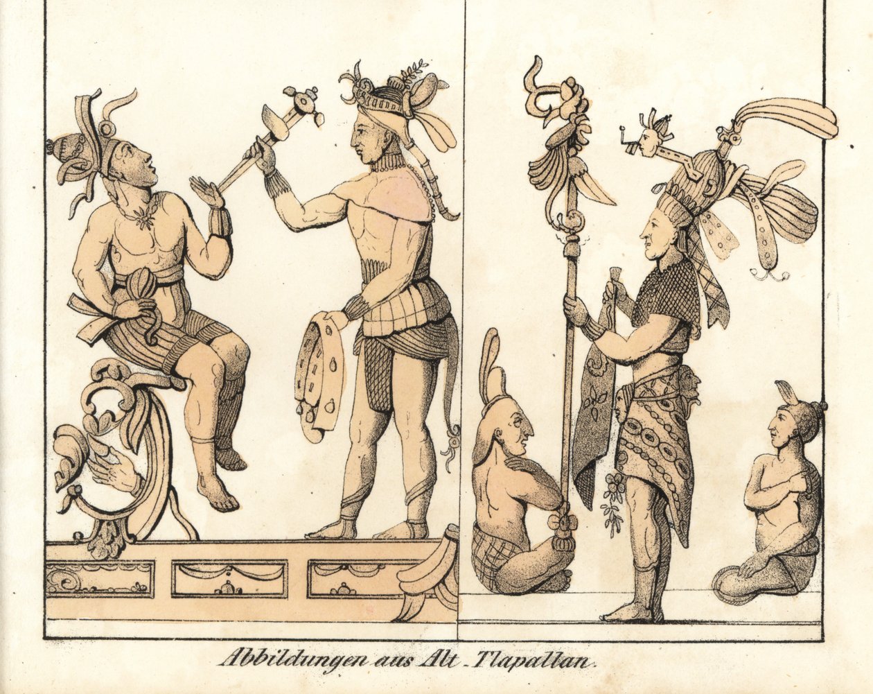 Collection of drawings by Tlapallan (Mexico). Lithography for the book: “Galerie complete en tableaux fideles des peuples d