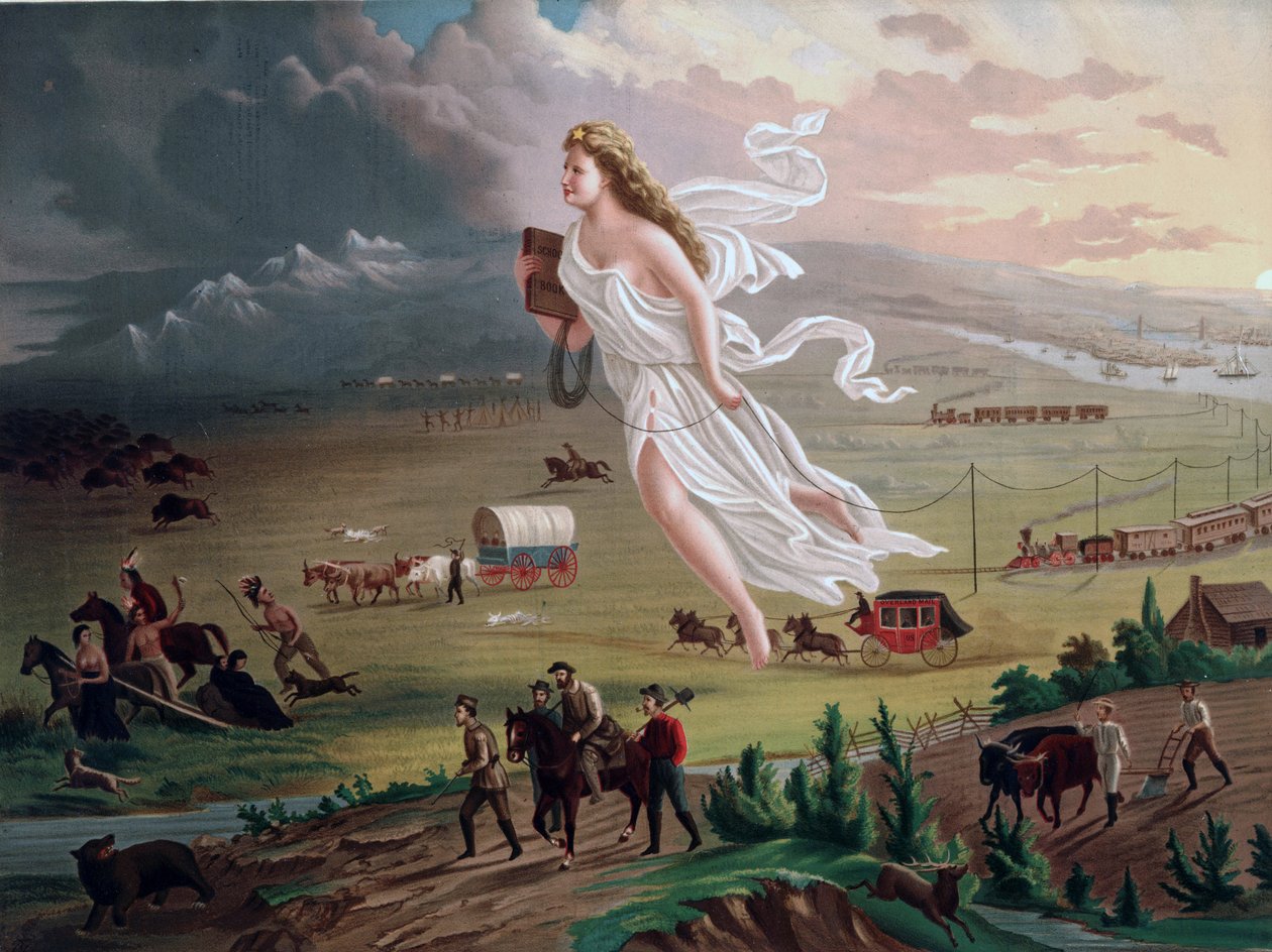 Concept of Manifest Destiny: Allegorical female figure carrying electric telegraph wire, leads American pioneers and railroads westwards, Native American Indians and buffalo and bear retreating before them by Unbekannter Künstler