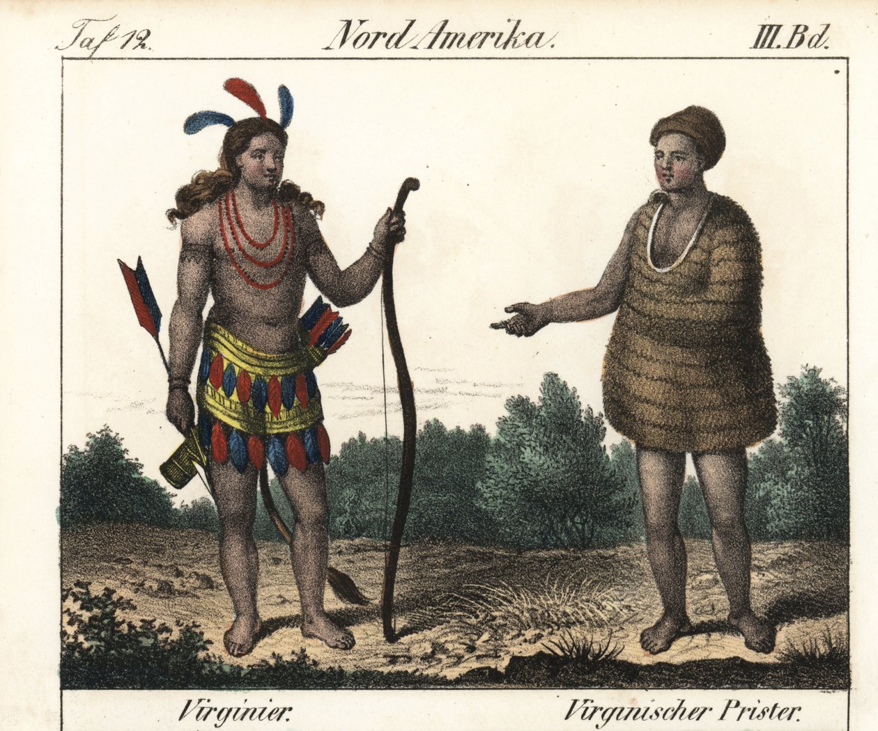 Costume of Powhatan Indians of Virginia (USA): a warrior and a priest of Secota. Lithography for the book: “Galerie complete en tableaux fideles des peuples d