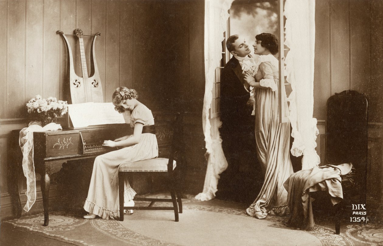 Courting Couple and Young Girl Playing the Pianoforte, Paris, c.1920 by Unbekannter Künstler