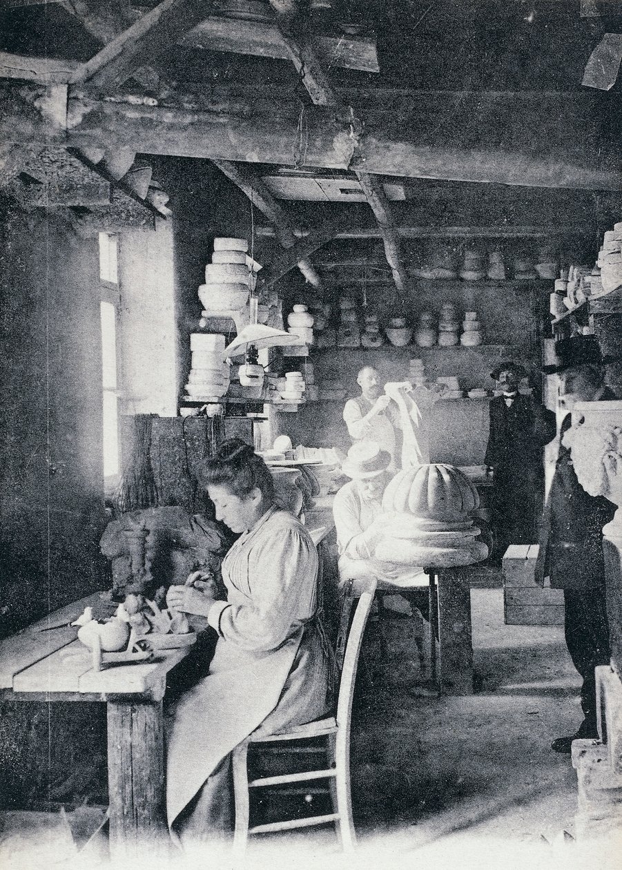 Craftsmen at work making Vallauris art pottery, circa 1900, postcard, France by William M. Timlin