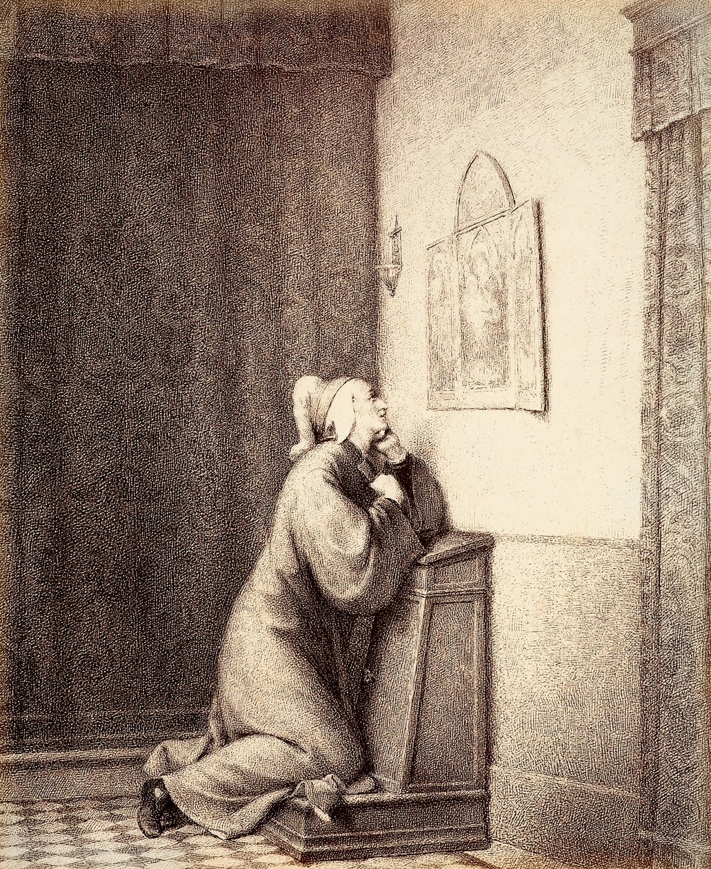 Dante kneeling in prayer, with his gaze directed at a triptych by Unbekannter Künstler