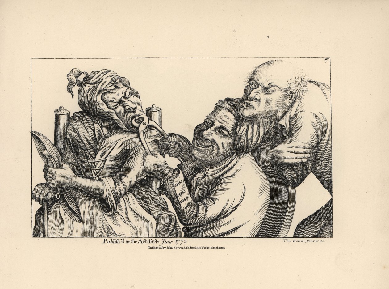 Dentist laughing as he uses pincers to pull a bad tooth from the mouth of an old woman. Copperplate engraving after a satirical illustration by Timothy Bobbin (John Collier) from Human Passions Delineated, John Haywood, Manchester by Unbekannter Künstler