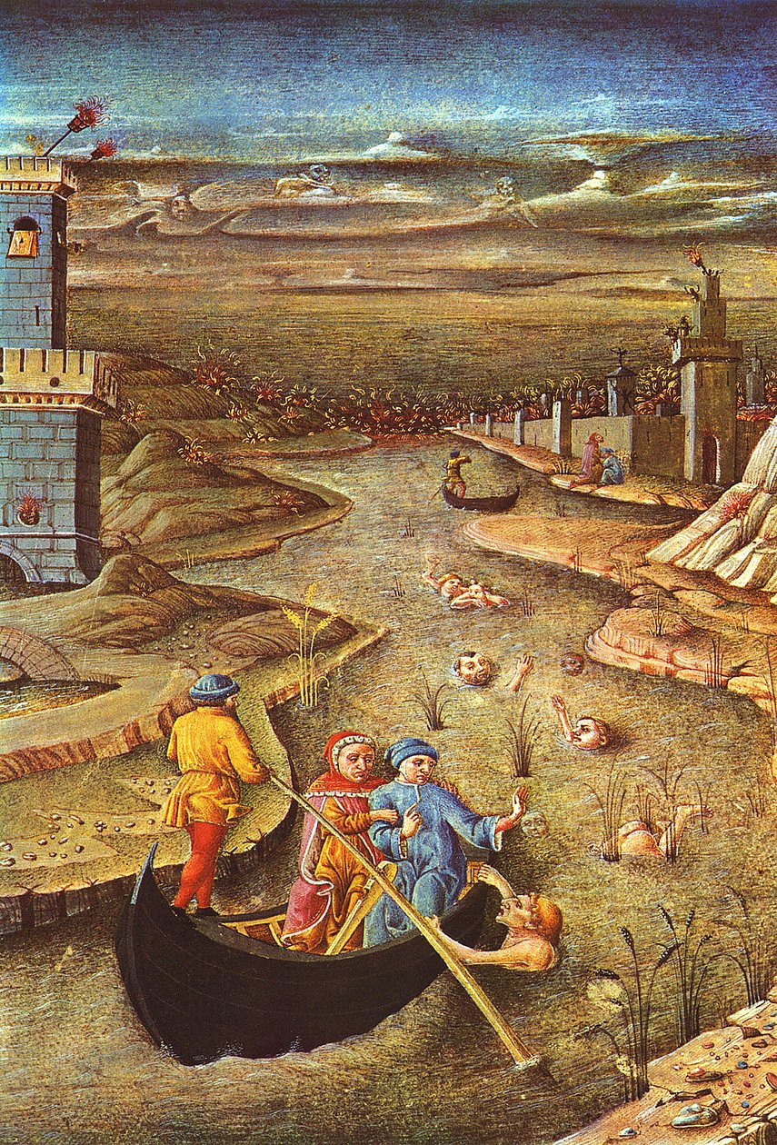 Divine Comedy: Dante and Virgil, carried by Charron, meet the damned Filippo Argenti (miniature) by Unbekannter Künstler