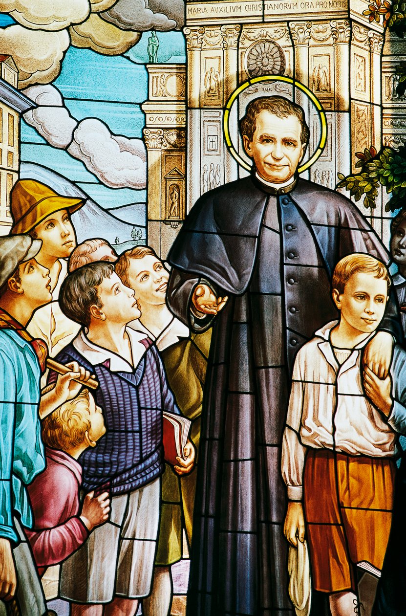 Don Bosco and children, stained glass window, Colle Don Bosco Sanctuary, Castelnuovo Don Bosco, Piedmont, Italy by Benjamin Baud