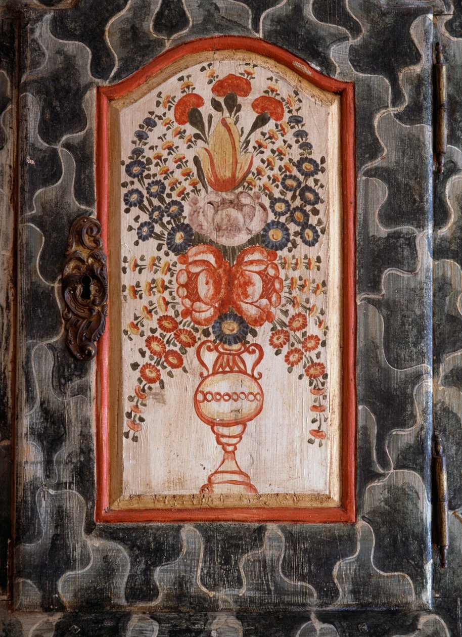 Door of handcrafted wooden cabinet with hand painted floral decoration, Detail by William M. Timlin