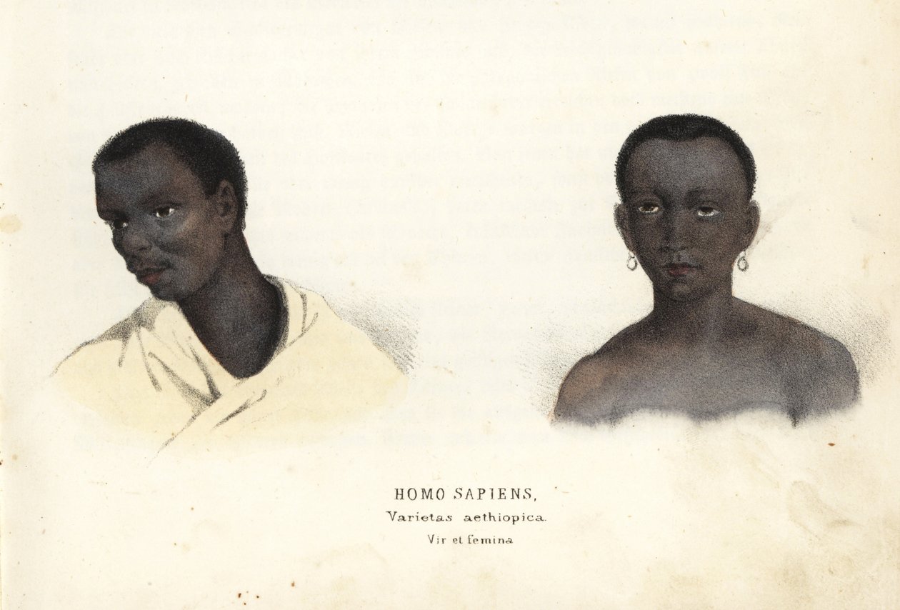 Ethiopian man and woman. Handcoloured steel engraving from Georg Friedrich Treitschke