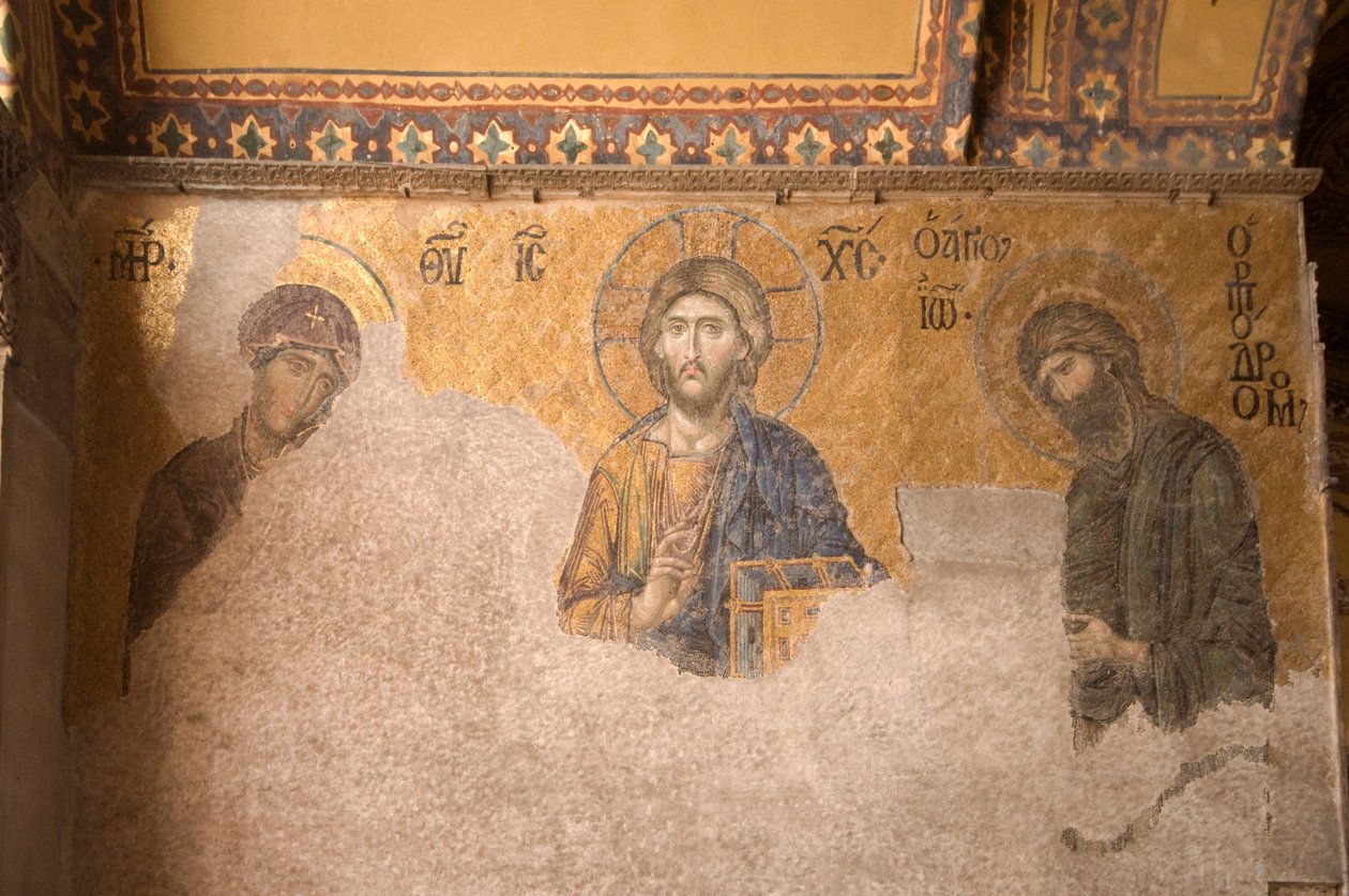 Mosaic panel featuring Christ, Mary & John the Baptist, Aya Sofya Museum, Istanbul, Turkey (537 AD, formerly mosque and church) by Unbekannt