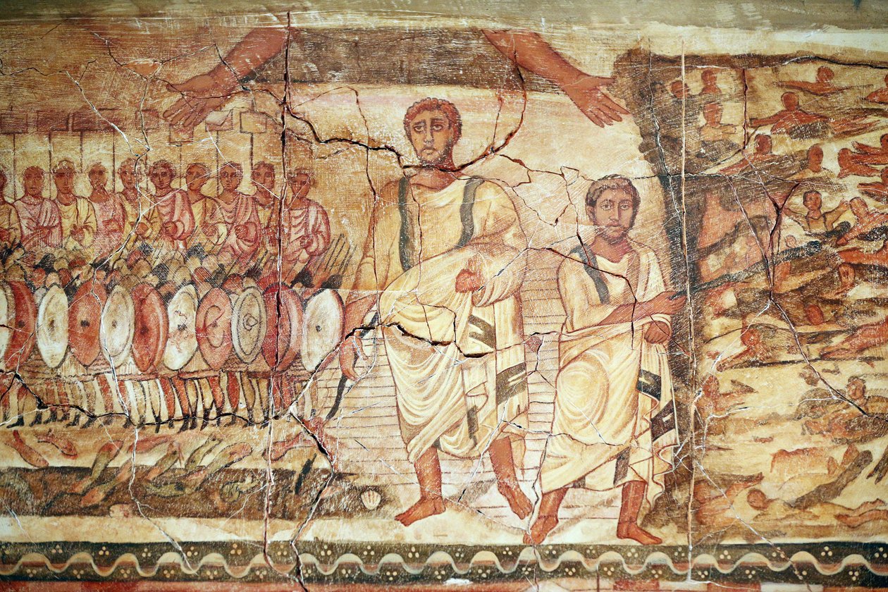 Exodus and crossing of the Red Sea, fresco from the Synagogue of Dura Europos, 244-245, preserved at the National Museum of Damascus, photo taken at the Jewish Museum of New York during an exhibition by Unbekannt