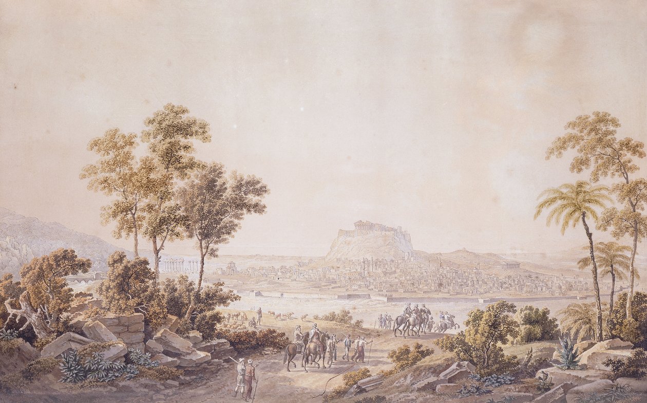 Figures Approaching the City of Athens, Greece by Unbekannt