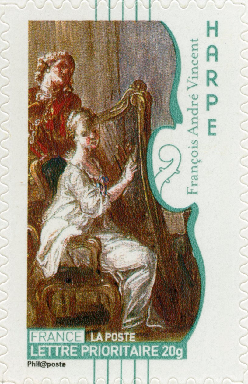 French postage stamp showing a woman playing the harp, from a painting by French artist François-André Vincent by Unbekannt