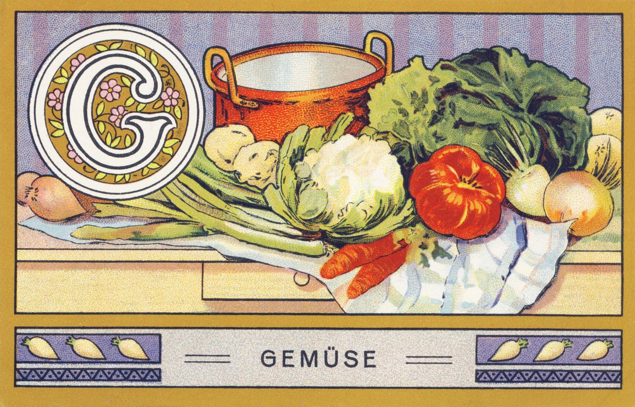 G: Vegetables - Alphabet Palmin. Series of chromolithographs published by H. Schlinck & Co, Hamburg. Advertisement for Palmin finest coconut fat. Dimensions: 7 x 11 cm by William M. Timlin