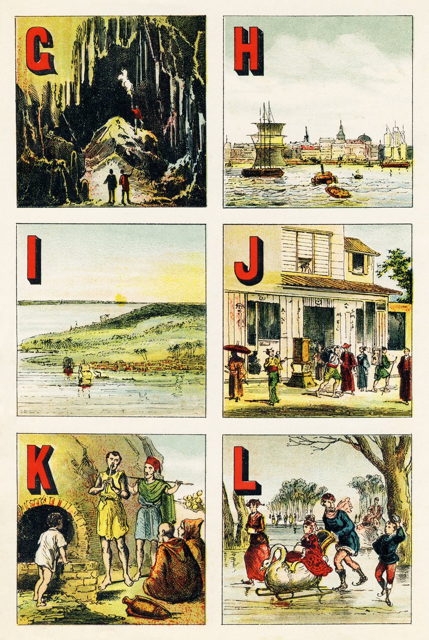 G H I J K L: Grotto, Hamburg, Island, Japan, Kabylie, Lake - Engraving from Alphabet Geographique. Guerin-Muller et Cie, publishers, Paris by Unbekannt