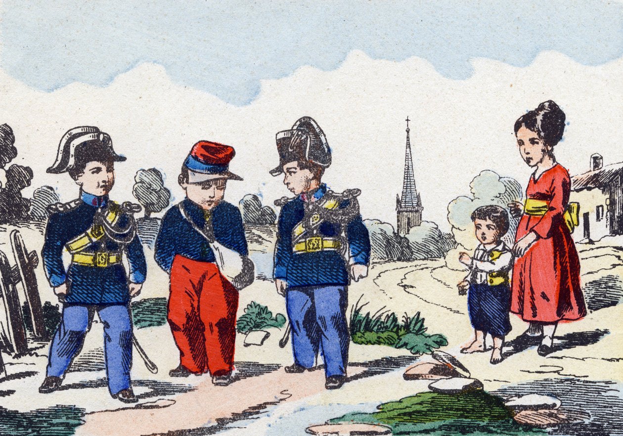 Gendarmes. Engraving in "Alphabet militaire enfantin". Imagery of Pont-a-Mousson, circa 1890 by Unbekannt