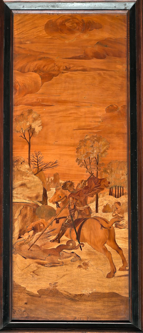 Genoa, Duomo (St Lawrence Cathedral), inside, apse, choir, South: "St George and the dragon", wood intarsia by Vincenzo e Tommaso Garassino (XIX century) by Unbekannter Künstler