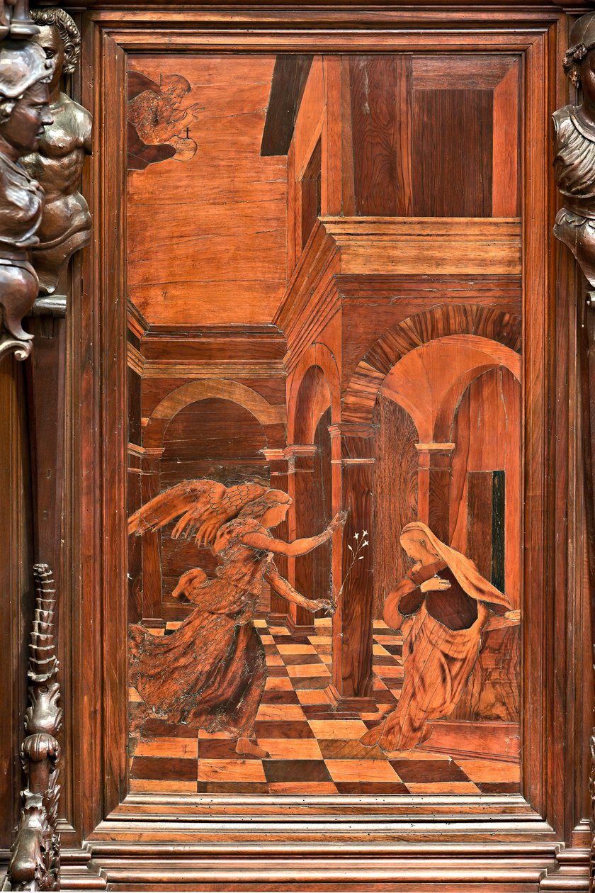 Genoa, Duomo (St Lawrence Cathedral), inside, presbitery, apse, choir, South side: "Annunciation", wood intarsia by Gian Michele De