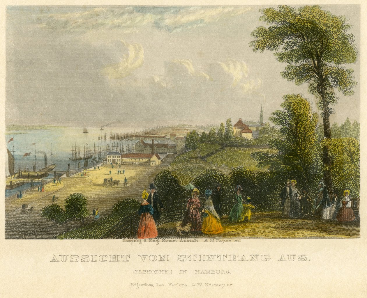 Germany, Hamburg, Elbhoehe, view from the Stintfang to the Elbe river, oldcoloured steel engraving from A. H. Payne, Leipzig, published by G. W. Niemeyer, about 1850 by Unbekannter Künstler