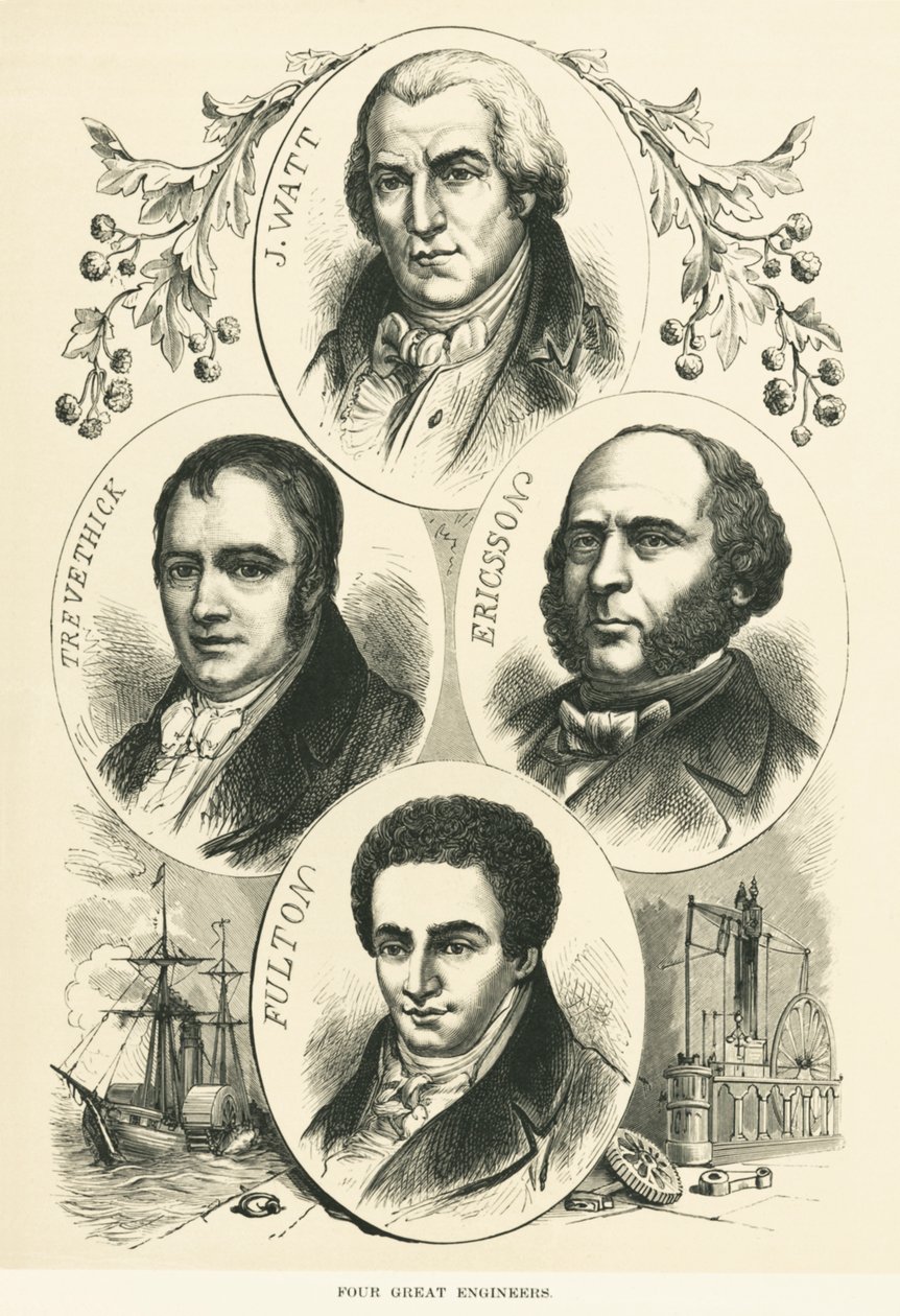 Great Engineers And Inventors: James Watt, John Ericsson, Robert Fulton, Richard Trevithick, c.1880 by Unbekannt