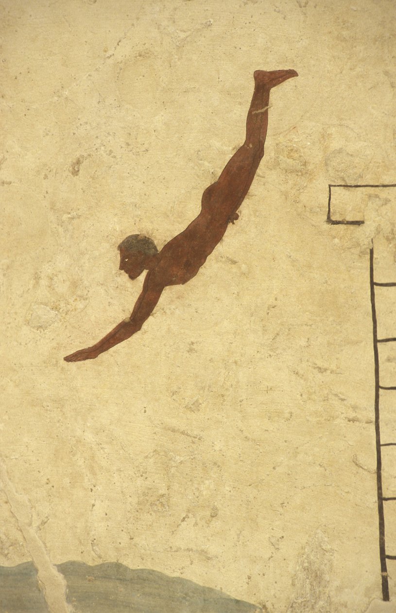 Fresco of the Tomb of the Diver, Paestum, Region of Campania, Italy. Tomba del Tuffatore, mural, Paestum archaeological park, Campania, Italy by William M. Timlin