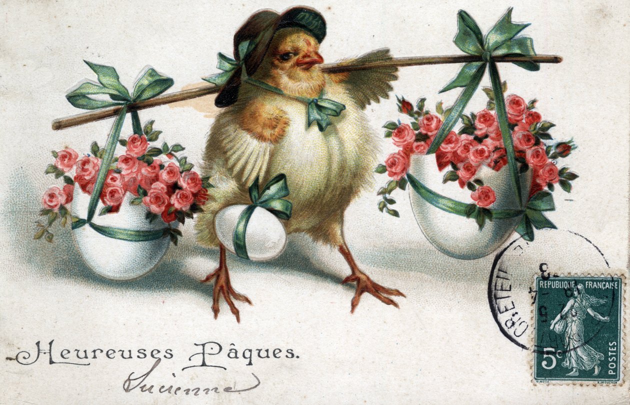 Greeting Card for Easter: a chick carrying eggs filled with roses by Unbekannt