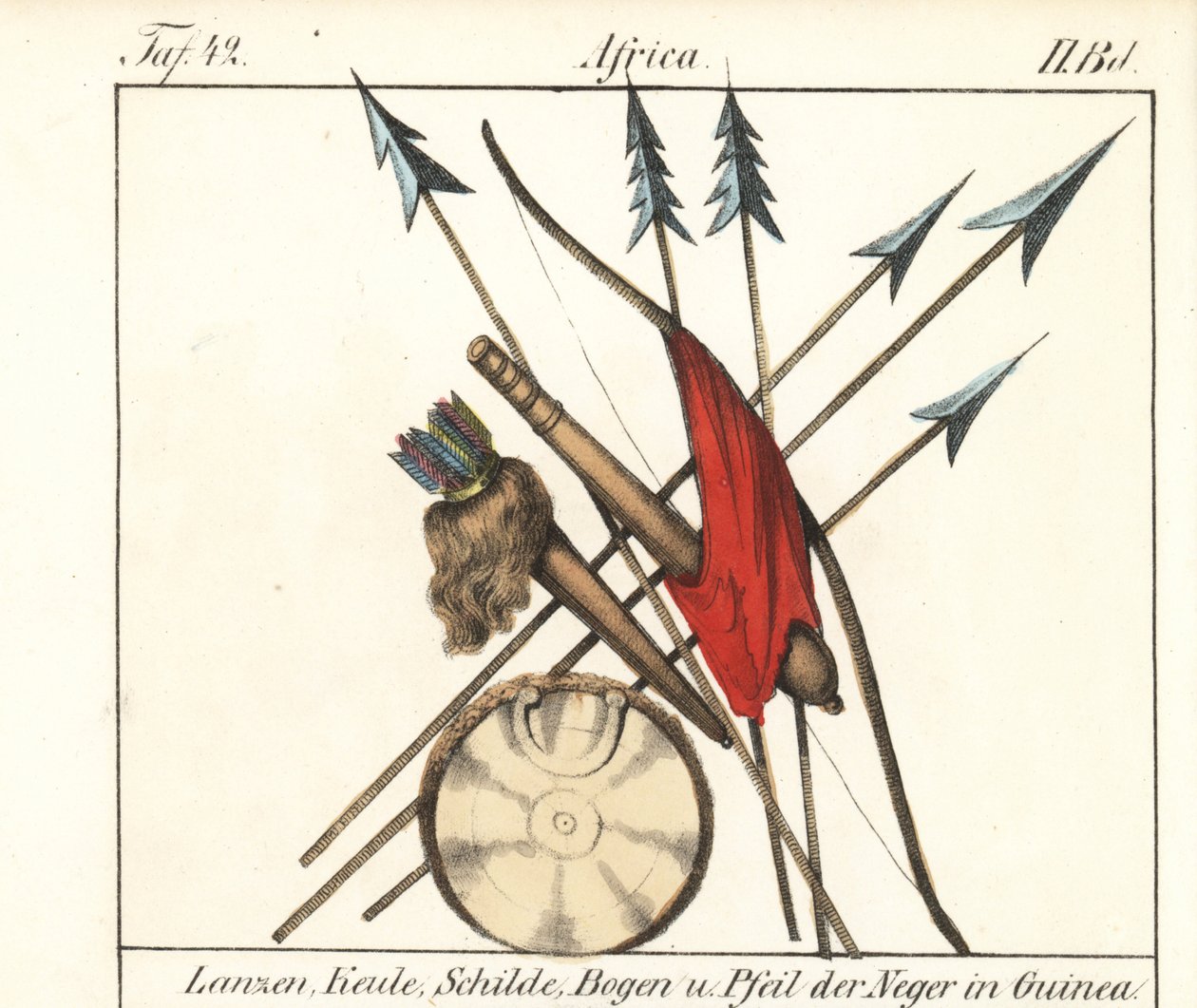 Guinee Conakry weapons, spears, clubs, bow and arrows in their quiver, shield. Lithography for the book: “Galerie complete en tableaux fideles des peuples d