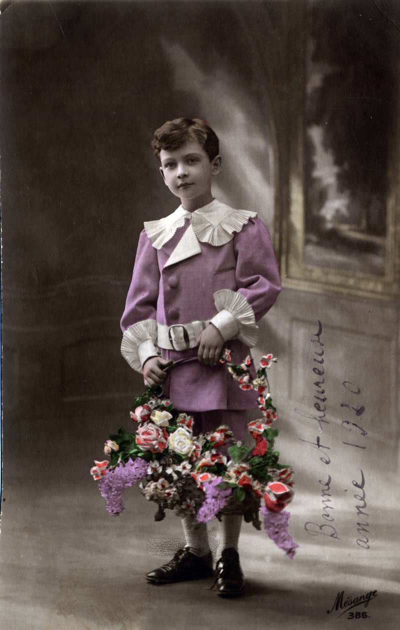 Happy New Year Greeting Card: A Child Holding a Basket of Flowers - Postcard dated 1920 by Unbekannt