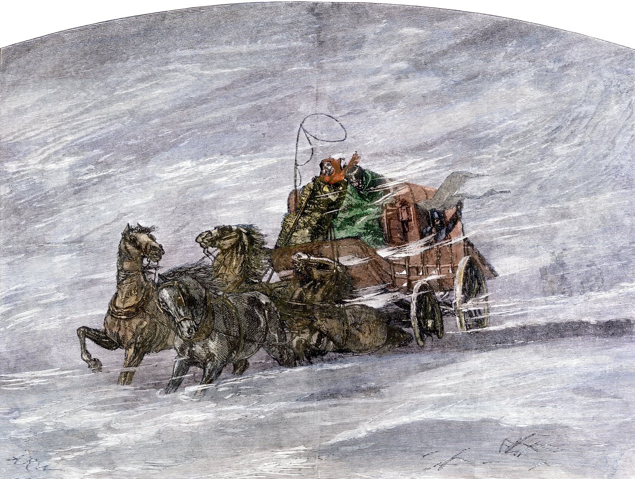 History of the Settlers and the Conquest of the West: American Pioneers. Diligence in a Meadow in the Middle of Blizzard by Unbekannter Künstler