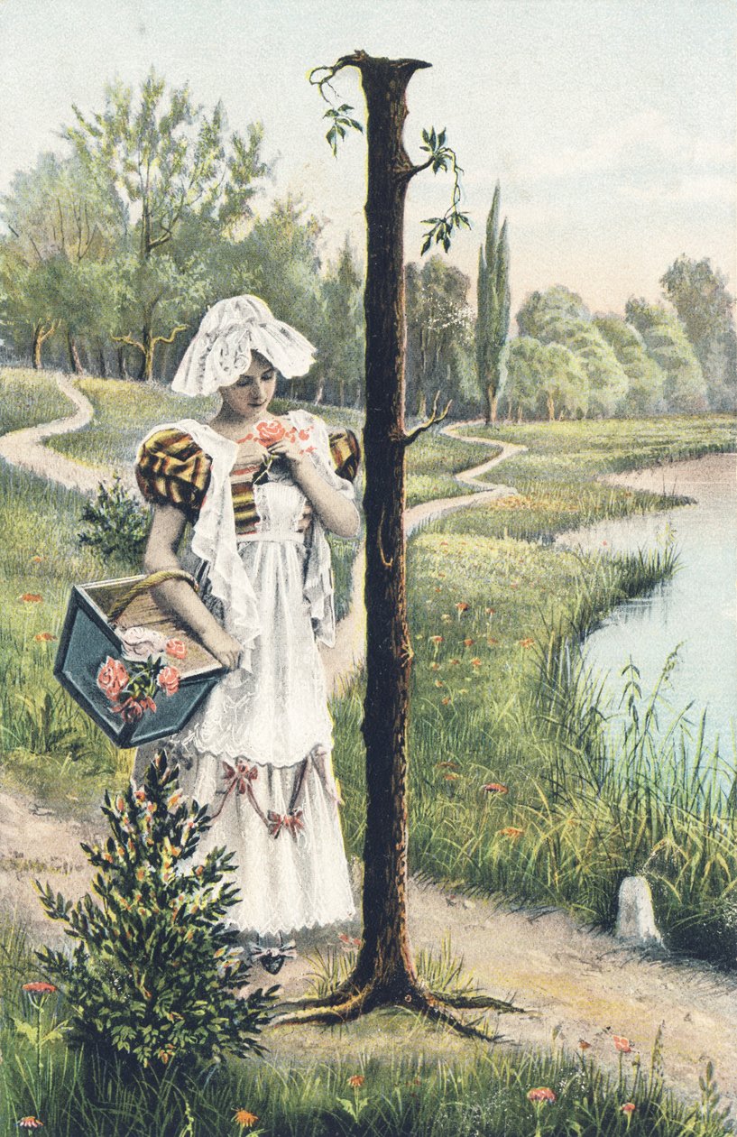I: A Woman Standing in a Dress, Apron, and Bonnet Holding a Basket on Her Right Arm. Countryside Setting - Alphabet Characters Ref Th. E., L. Theochrom - Series 994. Theodor Eisman, publisher, Leipzig by Unbekannt