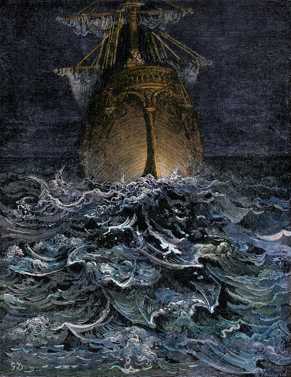 I watched the sea in decomposition, the hull of a ship on the sea at night - Illustration by Gustave Dore for "La Lournte du vieux sailor" by Samuel Taylor Coleridge - Colorized engraving by Unbekannter Künstler