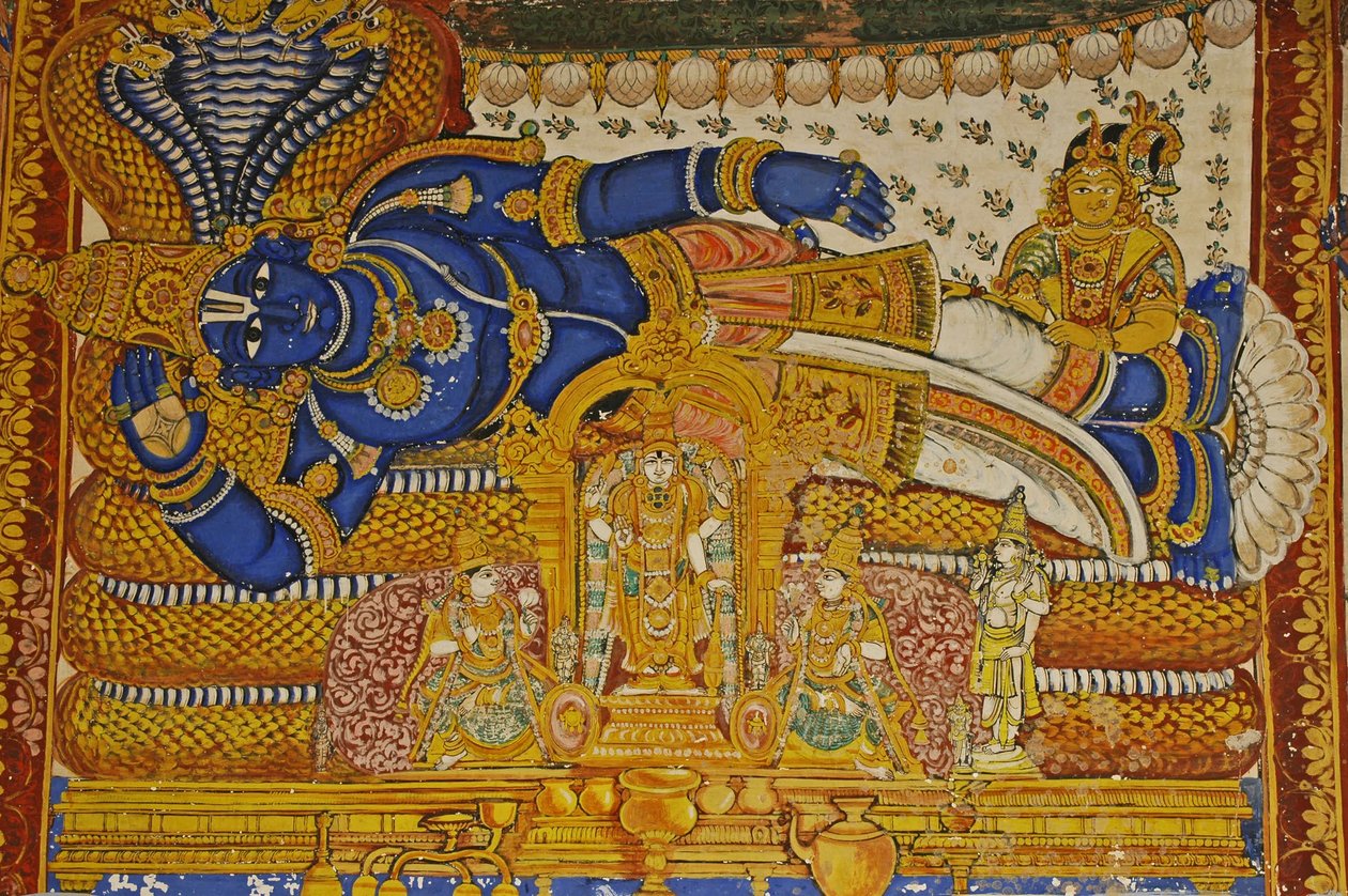 India, Tamil Nadu, Srirangam, Sri Ranganathasvami Hindu Temple (orig 10th century), wall painting of Vishnu. by Unbekannt