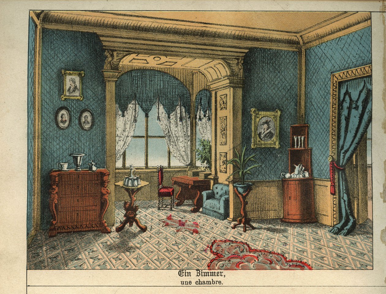 Interior decoration: a bedroom and furniture. Plate from a French-German children