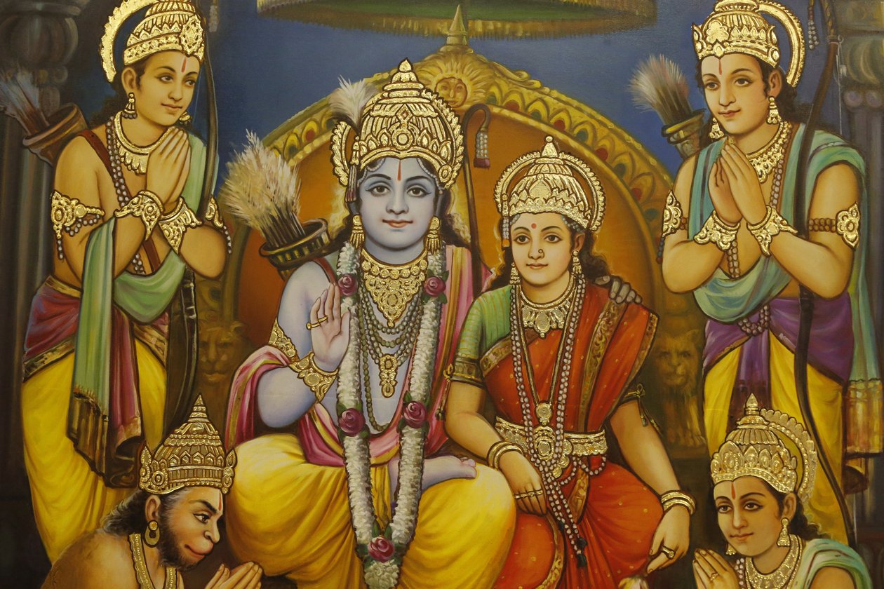 Jalaram Prathna Hindu temple, Leicester, Fresco, Ram, Sita with Lakshman to Ram