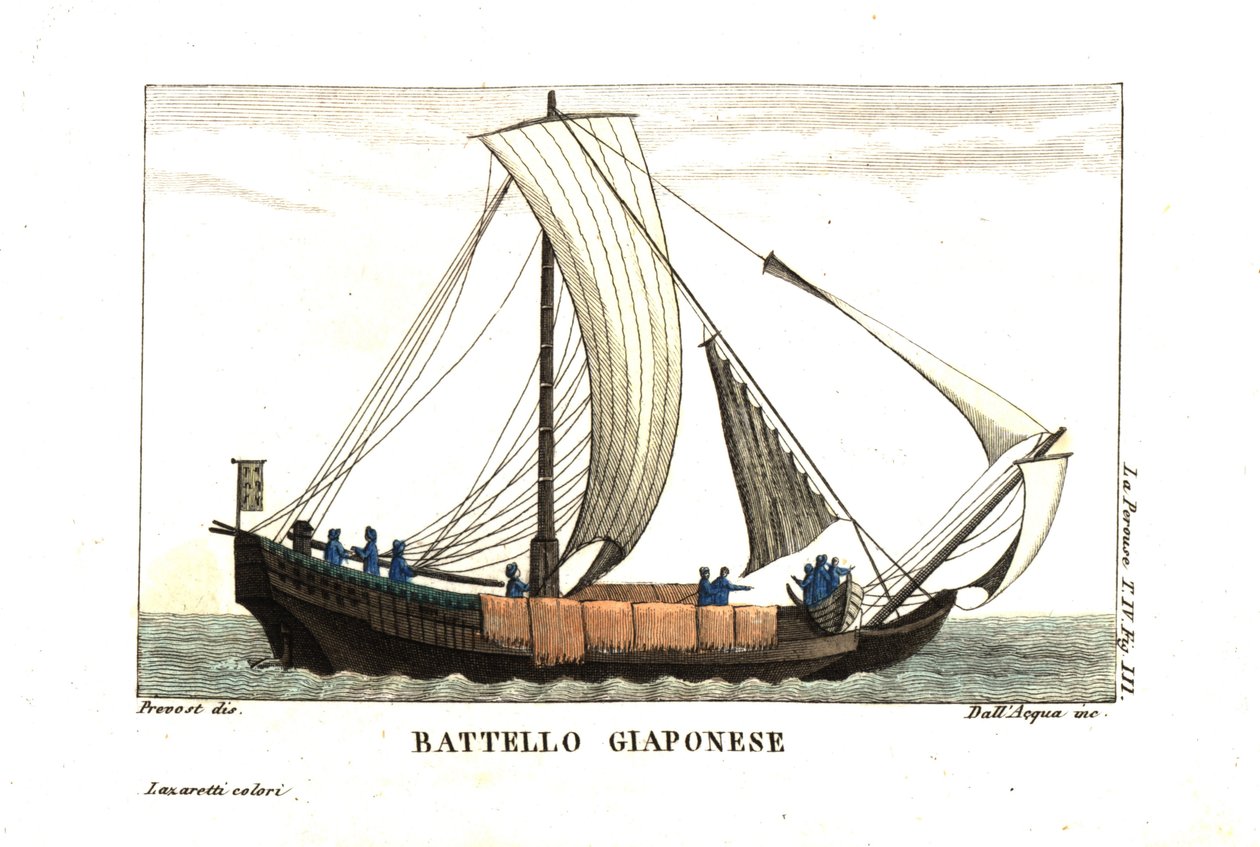 Japanese Sailboat. Illustration by Jean Louis Prevost From Jean François de Galaup, Earl of La Perouse