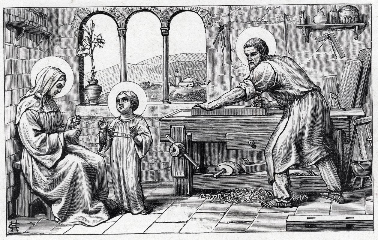 Jesus serving Mary. Alphabet of the child Jesus. Edition of 1932. Woodcarvings signed H G. Private collection by William M. Timlin