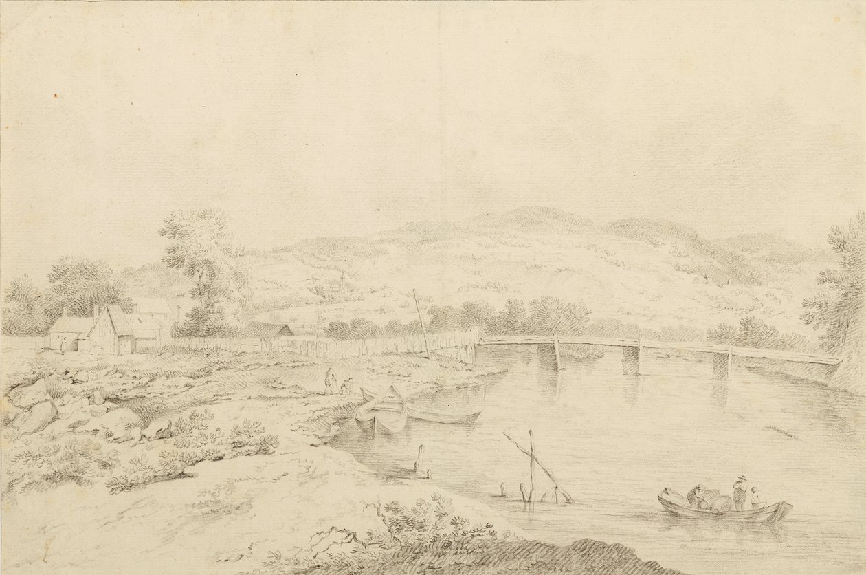Landscape by the River, with Bridges and Boats by Unbekannter Künstler