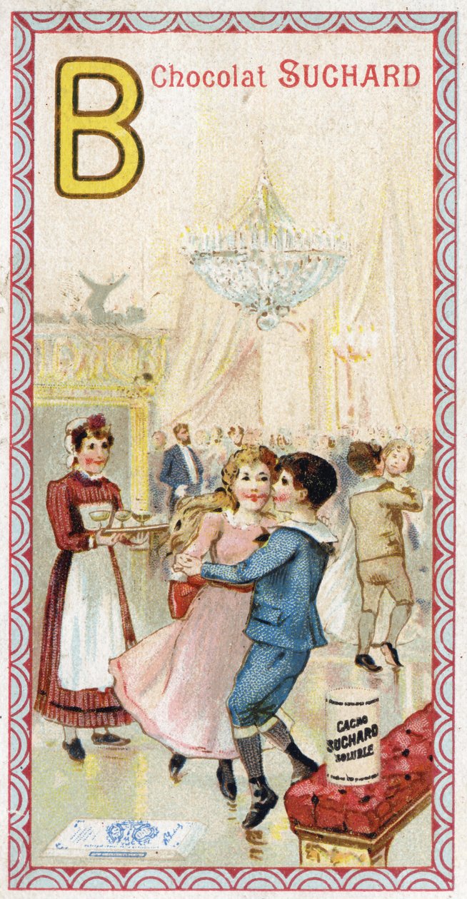 Letter B: prom, balcony, drinks, candles, maid, bench. Engraving of the Alphabet edited by Chocolat Suchard, beginning of the 20th century by Unbekannt